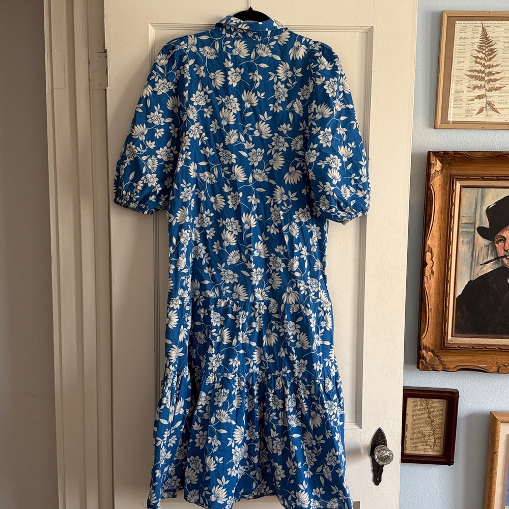 Zara Blue Floral Drop Waist Midi Shirt Dress Summer Dress - Size Medium - Picture 9 of 9